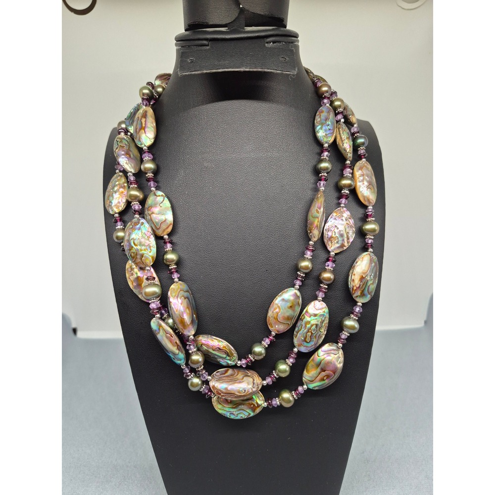Abalone Necklace Paua Pearl Amethyst Garnet Multi Strand Iridescent Statement - Picture 3 of 16